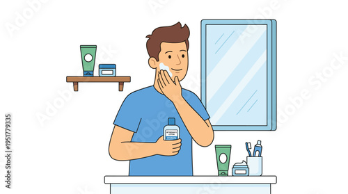 A man is applying aftershave lotion and facial skincare products as part of his grooming routine, with a flat vector illustration on a white background