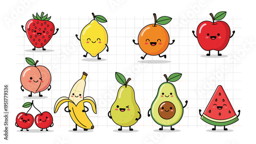 Collection of various happy fruit characters including strawberry, lemon, apple, and banana on a grid background.