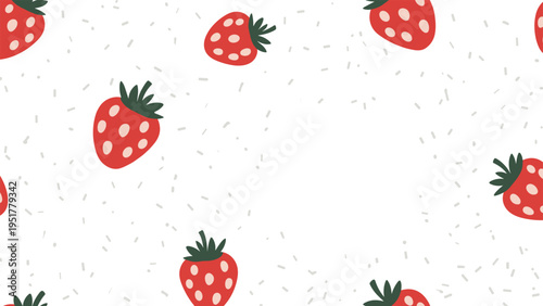 Simple seamless pattern of red strawberries with white dots scattered on a white background with grey sprinkles.