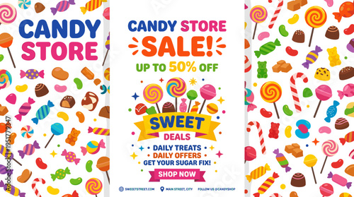 Poster template for a candy shop featuring lollipops, sugar snacks, bonbons, and caramels on a background; a vertical sale card design for a sweet shop with flat vector illustration