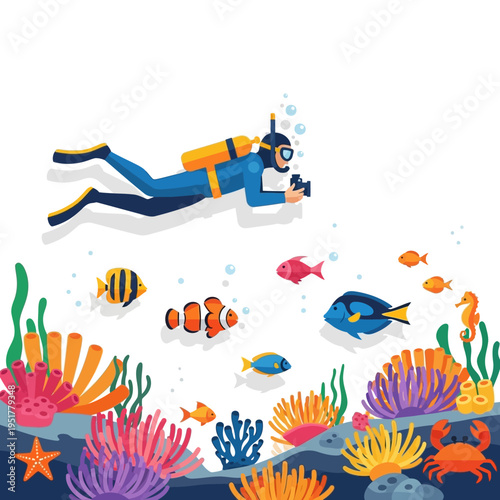 Scuba Diver Photographs Coral Reef Marine Life Underwater Ocean Adventure