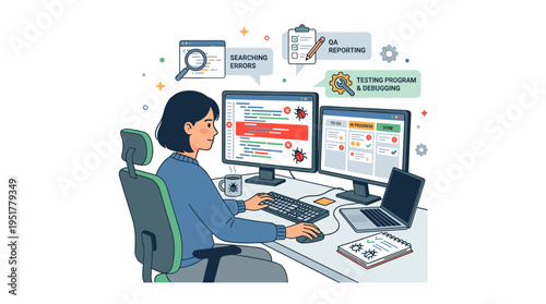 A software tester hunts for bugs and identifies errors, while QA documents findings, tests applications, and fixes code. The quality assurance analysis manages mistake control, illustrated as a flat