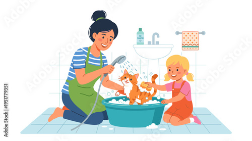 A cheerful mother and daughter wash their cat at home, a humorous mom and little girl caring for a pet in a daily family routine, celebrating maternity and motherhood in a flat cartoon vector