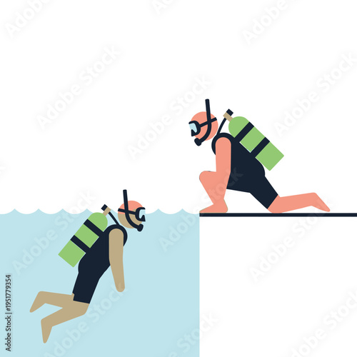 Scuba diver preparing to enter water from platform, another diver underwater