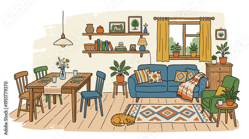 A sketchy, colored illustration of a house or summer cottage interior featuring cozy furnishings and home décor, drawn by hand, depicting a dining and living area with a table, chairs, sofa, and