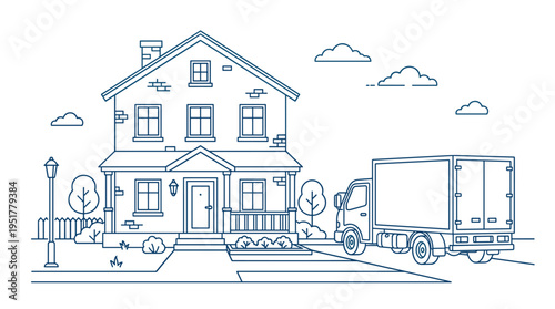 A two‑storey brick suburban house with a porch and a lorry parked beside it is depicted in a monochrome lineart vector illustration, rendered with blue lines on a white background