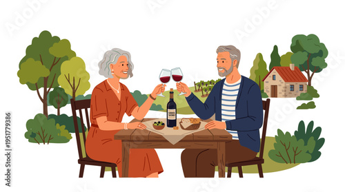 An adult couple shares wine outdoors, seated at a table with glasses, celebrating a romantic summer date amid nature, depicted as a flat vector illustration on a white background