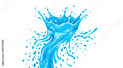 A splash of water, spray, and spatter in motion, fresh clean aqua flowing like a crown-shaped dynamic blue liquid, a refreshing fluid design element, rendered as a flat vector illustration on a white