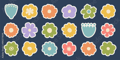 Cute retro flower sticker set. Hand drawn floral icons with white outline on dark background. Ideal for spring design, decoration, packaging, and trendy branding