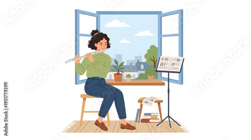 A female flutist practices at home, her instrument resonating in the apartment as she plays a melody by the open window, depicted in a flat vector illustration on a white background