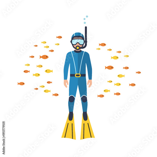 Scuba Diver Surrounded by School of Fish Underwater