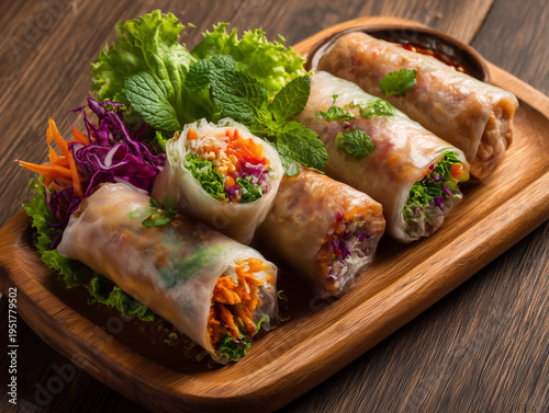 Fresh vietnamese spring rolls with colorful healthy ingredients