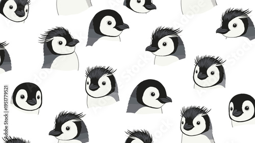 Seamless pattern featuring various cute penguin heads with different hairstyles and facial expressions on white.
