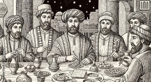 An old-fashioned engraving depicting a Jewish family celebrating Passover Seder with traditional foods and rituals.