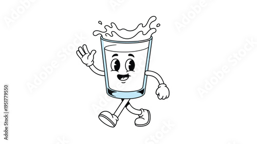 Cartoon character of a glass of milk with a happy face, arms, and legs waving its hand on a clean white background.