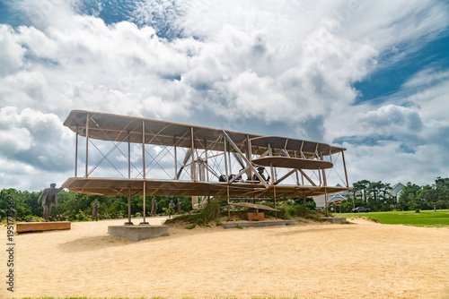 First in the sky. Wright Brothers National Memorial. The first airplane. A center of attraction for tourists.