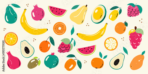 A colorful assortment of sliced and whole fresh fruits laid out