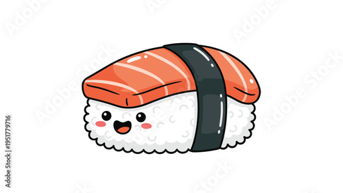 Adorable salmon nigiri sushi character with a cheerful smiling face and rosy cheeks on a clean white background.