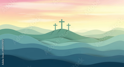 Stylized illustration of three crosses on a hill against a vibrant sunset sky, with layered blue and green abstract landscape.