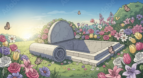 An open, empty stone tomb surrounded by a beautiful, colorful flower garden with butterflies and a bright sky, symbolizing resurrection.