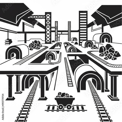 Monochrome Illustration of a Coal Mine with Tracks and Carts.