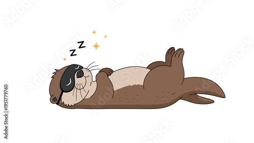 Cute cartoon otter sleeping on its back wearing a black sleep mask and dreaming about stars on white background.