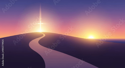 A glowing Christian cross on a hill with a winding path under a beautiful gradient sky.