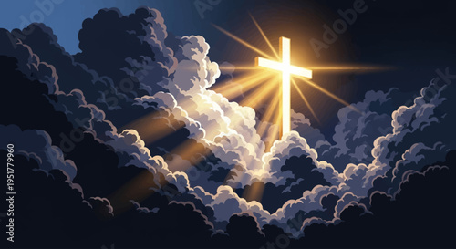 A radiant golden cross shining brightly through dark, dramatic clouds with rays of light.