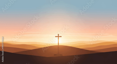 A Christian cross stands silhouetted on a hill against a vibrant sunrise or sunset sky with rolling desert landscapes.