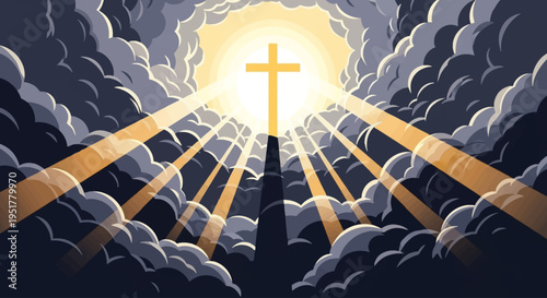 A golden cross shining brightly through dark, dramatic clouds with rays of light.