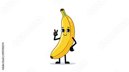 Friendly yellow banana character with arms and legs showing a peace sign gesture isolated on a plain white background.