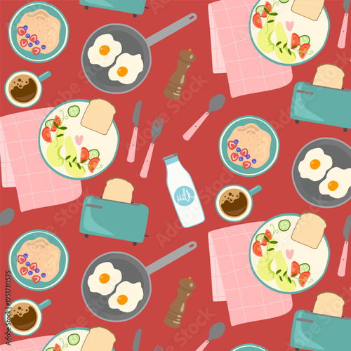 Seamless breakfast pattern with kitchen utensils fried eggs and toasts on red background kitchenware vector illustration