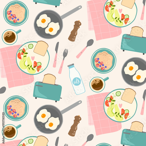 Seamless breakfast pattern on ivory background, hand drawn food icons including fried eggs, coffee, milk and toaster, repeatable vector wallpape