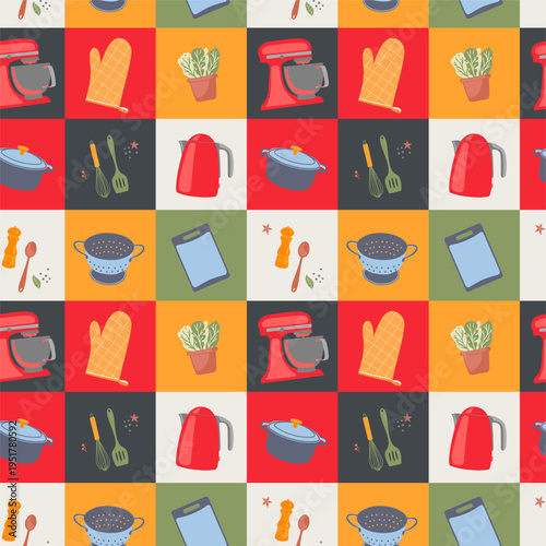 Seamless kitchen utensils pattern with colorful squares, cooking tools and appliances background