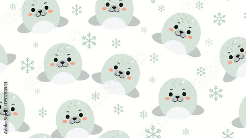 Sweet seamless pattern of adorable baby seal characters and light green snowflakes on a white background perfect for winter baby products.