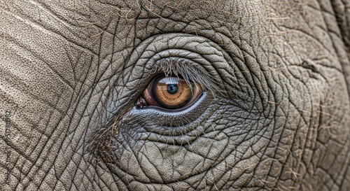Extreme close up of an elephant eye. Detailed texture of wrinkled gray skin and iris reflection. Wildlife photography of gentle giant focusing on wisdom, nature and biology.