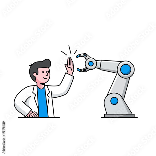 Man and robotic arm.