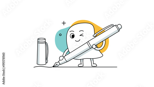 Creative cartoon character with a winking face writing with an oversized fountain pen next to a thermos on a clean white background.