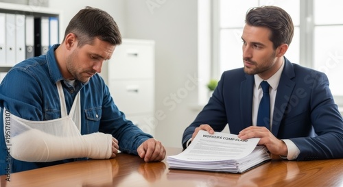 Injured man with arm in sling meeting lawyer about worker compensation claim. Legal assistance for work accident injury. Professional advice on insurance damage settlement and compensation.