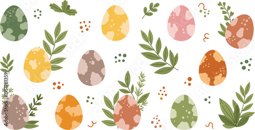 Natural Easter Egg Collection with Organic Patterns, Botanical Leaves and Earth Tone Colors, Minimal Spring Holiday Decorative Elements Illustration Set