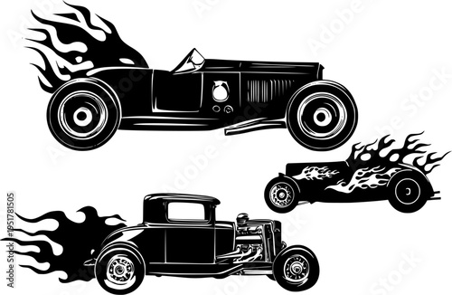 Set of classic hotrod cars with custom flames design, racing roadster for garage or service design