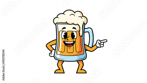 Cheerful beer mug cartoon character with a frothy head of foam and a big smile pointing to the side isolated on a plain white background.