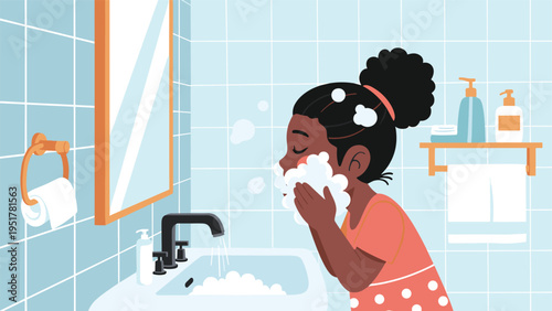 Young girl with dark hair washing her face with soap bubbles at a bathroom sink with a mirror and toiletries for daily hygiene routine.