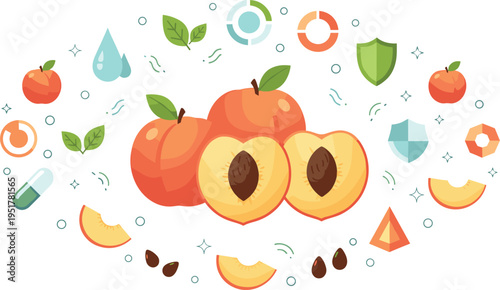 Peach Fruit Illustration Set with Whole and Cut Pieces, Seeds, Leaves and Health Icons, Fresh Organic Nutrition Elements for Healthy Food Design Collection