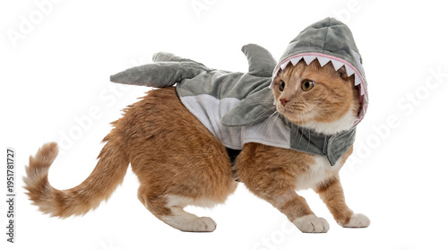 Adorable ginger tabby cat wearing a humorous gray shark costume.