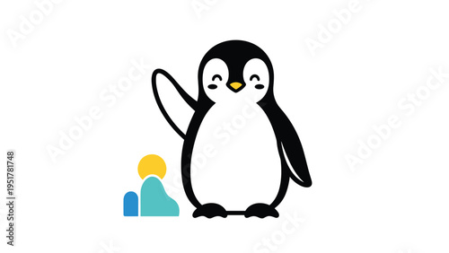 Friendly cartoon penguin character waving its wing with a happy smiling face next to small blue and yellow ice shapes on white background.
