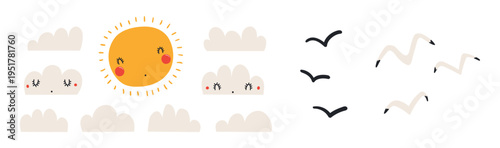 Sun, clouds with kawaii face, flying seagull, isolated illustration set. Cute cartoon character. Kids nautical print, design element, clip art collection. Hand drawn flat vector on white background