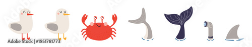 Cute seagull, crab, whale, shark tail, fin, submarine periscope illustration isolated set. Marine wildlife. Kids nautical print, design element, clip art collection. Hand drawn flat vector on white
