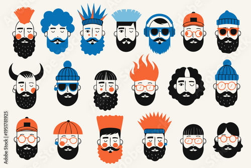 Set bearded men faces hipsters with haircuts. vector

