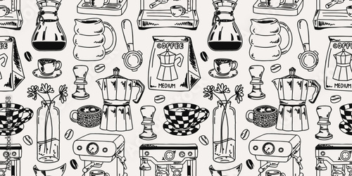 Seamless black and white coffee shop pattern with espresso makers, cups, croissants, beans, and bakery elements. Cozy cafe background with retro kitchen objects in detailed outline style and linework.